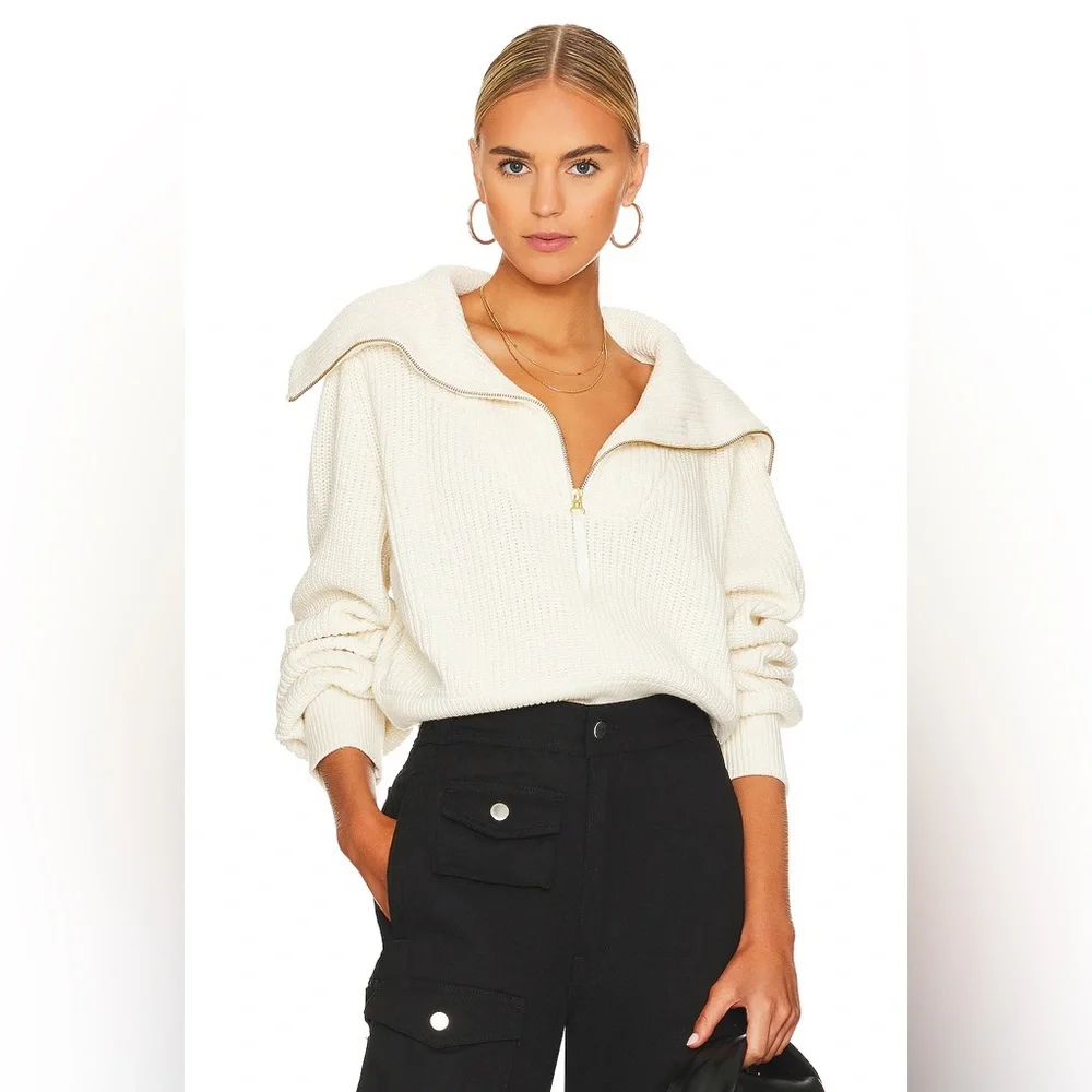 525 America Ivory Cable Knit Fold Collar Half Zip Drop Puff Sleeve Sweater S - Picture 11 of 11